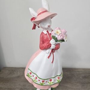 Easter Bunny Girl With Pink Bow Hat Holding Bouquet of Flowers Easter decor